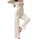 Pijama de mujer con mangas largas y pantalones Conjunto de un solo color con estampado floral de poliéster y spandex en varios colores 7
