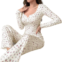 Pijama de mujer con mangas largas y pantalones Conjunto de un solo color con estampado floral de poliéster y spandex en varios colores 9