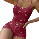 Pijama de mujer con motivo de cerezas Top con escote redondo y pantalones cortos de poliéster y spandex Conjunto cómodo de verano en varios colores 4