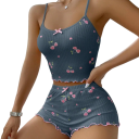 Pijama de mujer con motivo de cerezas Top con escote redondo y pantalones cortos de poliéster y spandex Conjunto cómodo de verano en varios 13