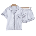 Pijama de rayas para mujer con mangas cortas y pantalones cortos Camisa de botones con bolsillo bordado en varios colores Poliéster Elastano Sueño cómodo 11