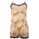Pijama de satén para senhora com renda nas bordas em cores sólidas com corações e inscrições Love Top com decote em V e calções em poliéster e spandex 4