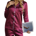 Pijama de terciopelo para mujer con cuello y bolsillo Conjunto de un solo color con manga larga y pantalones de poliéster y spandex en varios colores 24