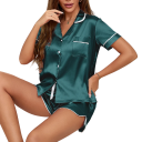 Pijama de terciopelo para mujer con cuello y botones de manga corta y pantalones cortos Conjunto elegante de color sólido de poliéster y elastano Modelo cómodo de verano 2