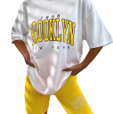 Pijama de verano para mujer con manga corta y pantalones cortos Conjunto de un solo color con el texto Brooklyn de poliéster y spandex en varios colores 7