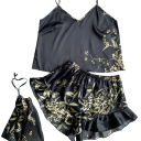 Pijama feminino com padrão de flores Top com decote em V e calções em poliéster leve Conjunto elegante e confortável de verão em várias cores 4