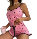 Pijama feminino com top e calções Conjunto de uma só cor com padrão de corações Decote em V em poliéster e spandex Modelo leve de verão para dormir 2