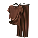 Pijama feminino de modal e spandex Conjunto de uma só cor com t-shirt de manga curta e decote em O Calças longas confortáveis 10