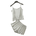 Pijama feminino de modal e spandex Conjunto de verão liso com top e calções Decote redondo Material macio e respirável para dormir 14