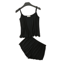 Pijama feminino de modal e spandex Conjunto de verão liso com top e calções Decote redondo Material macio e respirável para dormir 2