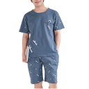 Pijama para hombres set camiseta de manga corta y pantalones cortos azules con estampado de gaviotas inscripción I love you conjunto de verano poliéster spandex 2