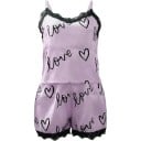 Pijamale din satin pentru femei cu dantelă la margine, într-o singură culoare, cu inimioare și inscripții Love, top cu decolteu în V 7
