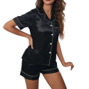 Pijamale din satin pentru femei cu mânecă scurtă și pantaloni scurți Set uniform colorat cu nasturi din poliester și elastan Outfit ușor de vară pentru somn 11