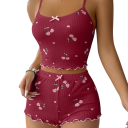 Pijamale pentru femei cu motiv de cireșe Top cu decolteu rotund și pantaloni scurți din poliester și spandex Set confortabil de vară 7