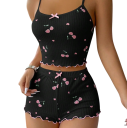 Pijamale pentru femei cu motiv de cireșe Top cu decolteu rotund și pantaloni scurți din poliester și spandex Set confortabil de vară 9