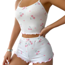 Pijamale pentru femei cu motiv de cireșe Top cu decolteu rotund și pantaloni scurți din poliester și spandex Set confortabil de vară 11