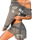 Pijamale pentru femei de culoare gri cu inscripția Let Me Sleep Tricou cu mânecă scurtă și pantaloni scurți din poliester și spandex Îmbrăcăminte 4