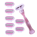 Pink barberkniv til kvinder med otte udskiftningshoveder. Damebarberkniv til ansigt, arme, ben, armhuler og bikinilinje. Hårfjerning til kvinder. 1