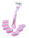 Pink barberkniv til kvinder med otte udskiftningshoveder. Damebarberkniv til ansigt, arme, ben, armhuler og bikinilinje. Hårfjerning til kvinder. 3
