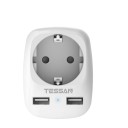 Pistorasiaadapteri, jossa 1 pistorasia ja 2 USB-porttia E-tyypin pistoke F-tyypin pistorasia Teho jopa 4000 W ja virta 16 A Valkoinen Mitat 8 x 7,8 x 1