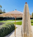Plážový slunečník s makramé třásněmi a ručními střapci průměr 250 cm s bukovou dřevěnou tyčí 38 mm béžový na zahradu i terasu 5