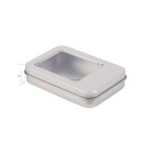 Plechová dárková krabička 8,7 × 6 × 1,7 cm kovová dóza s částečným průhledným okýnkem barevná krabička na drobnosti 8