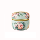 Plechová dvojitá krabička 8,5 × 8,5 cm pastelový květinový motiv růžové květy zelené listy se zlatým pruhem dóza s víkem 1