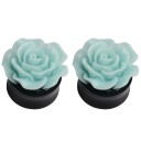 Plug de acrílico para a orelha com rosa decorativa Joia para lóbulo da orelha alargado Base preta com bordas elevadas Embalagem com 2 6