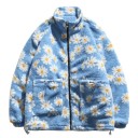 Plüschjacke mit Reißverschluss im Blumenmuster Hellblau mit weißen Blumen Stehkragen Zwei große Taschen Gesteppte Innenausstattung Polyester 1