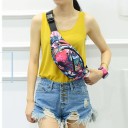 Pochete de nylon para senhora com estampagem colorida Principal compartimento e bolsa frontal com fecho zip Correia ajustável Uso à cintura 8
