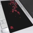 Podložka pod myš a klávesnici 300 x 700 x 2 mm velká podložka na stůl černá s větví a červenými květy pro počítač notebook i kancelář 2