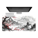 Podložka Pod Myš a Klávesnici 400 x 900 x 3 mm S Japonským Motivem Horské Krajiny Černobílá s Červenými Květy Na Stůl Pod Notebook 2