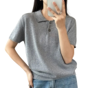 Polo donna a maniche corte in tinta unita Collo a V con colletto e bottoni Top in cotone 2