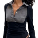 Polo donna a maniche lunghe nera scollo a V con colletto e bottoni top in poliestere 3