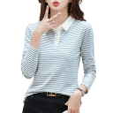 Polo Feminina de Manga Longa com Decote em V e Gola com Botões Listrada em Algodão Confortável Elegante Casual Top de Verão e Primavera 4