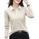Polo Feminina de Manga Longa com Decote em V e Gola com Botões Listrada em Algodão Confortável Elegante Casual Top de Verão e Primavera 5
