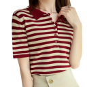 Polo femme à manches courtes à rayures avec col en V et boutons Top d'été en coton 2
