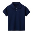 Polo infantil com mangas curtas e colarinho Camiseta de poliéster de uma só cor com botões Camiseta desportiva casual para rapazes 2