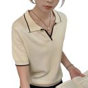 Polo pentru femei cu mânecă scurtă, decolteu în V, guler, nasturi, uni, bumbac, confortabil, elegant, casual, top, vară, primăvară 6