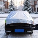 Poloviční plachta na auto 325 x 175 cm Stříbrná Ochrana čelního skla střechy a oken Reflexní pruhy Háčky na kola Proti sněhu a námraze 4