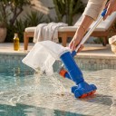 Poolstaubsauger Set zur Reinigung des Pools Anschluss an den Gartenschlauch 5-teiliges Rohr 140 cm Netzsack Blau Für die Reinigung des Poolbodens 5