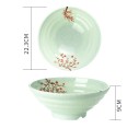 Porcelænsskål i japansk stil 1600 ml med lys grøn baggrund og motiv af grene med røde blomster 22,3 x 9 cm til nudler 2