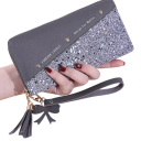 Portafoglio da donna in pelle con motivo di paillettes, pompon per la fortuna e fiocco con zip 19x9x2,5 cm scomparti per carte tasca per monete chiusura sicura 8