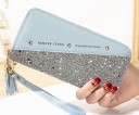 Portafoglio lungo da donna con pietre Parte inferiore luccicante Chiusura con zip Laccetto per polso Ciondolo decorativo Pelle PU 20 x 10 5