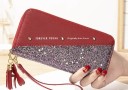 Portafoglio lungo da donna con pietre Parte inferiore luccicante Chiusura con zip Laccetto per polso Ciondolo decorativo Pelle PU 20 x 10 2