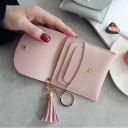 Portafoglio mini da viaggio per donna in pelle PU con patta Chiusura a bottone Scomparti per carte Pon pon decorativo e anello per chiavi 9