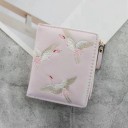 Portafoglio piccolo da donna in ecopelle con ricamo di gru in volo Forma quadrata compatta Zip con passante e bordi cuciti 11,5 x 10 x 2 3