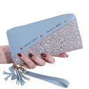 Portefeuille en cuir pour femmes avec motif pailleté, pompon porte-bonheur et fermeture éclair 19x9x2,5 cm, compartiments pour cartes, poche à monnaie, fermeture sécurisée 6