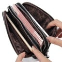 Portofel de damă din piele naturală cu mână Trei compartimente cu fermoar Mânere pentru încheietura mâinii Spațiu pentru telefon mobil 9