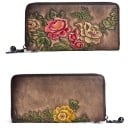 Portofel lung pentru femei din piele naturală cu flori colorate în relief Închidere cu fermoar în jurul întregului produs Pandantiv decorativ 19 x 5
